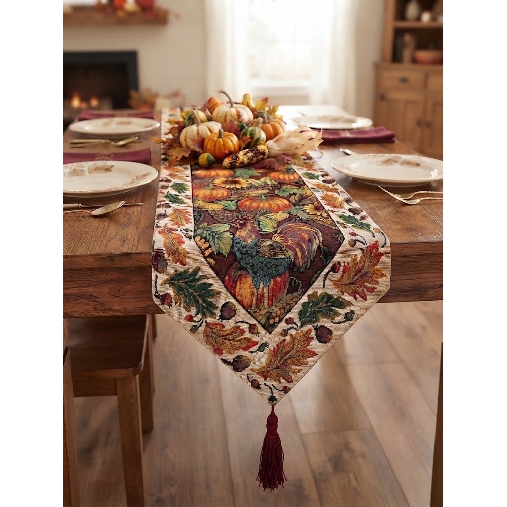 Harvest Tapestry Table Runner Multicolor Pumpkin Rooster Autumn Thanksgiving